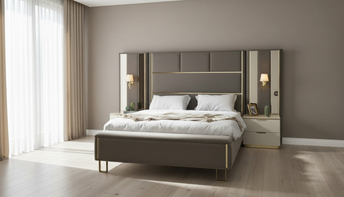 Bed Double Bed 2x Bedside Tables Wood Design Beds Bedroom Upholstery 3 Piece Set