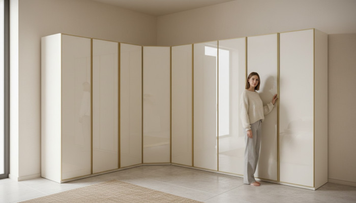 High gloss wardrobe bedroom cabinets corner cabinet luxury furniture gold beige