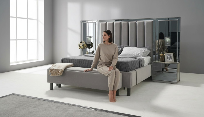 Bedroom set: bed, 2x nightstands, stool, double beds, upholstered furniture, 4-piece set, new.