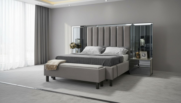 Bedroom set: bed, 2x nightstands, stool, double beds, upholstered furniture, 4-piece set, new.