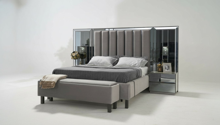 Bedroom set: bed, 2x nightstands, stool, double beds, upholstered furniture, 4-piece set, new.