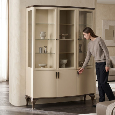 Showcase Glass Cabinet Luxury Sideboard Display Case Living Room Beige Wood New