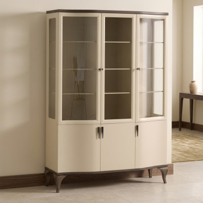 Showcase Glass Cabinet Luxury Sideboard Display Case Living Room Beige Wood New