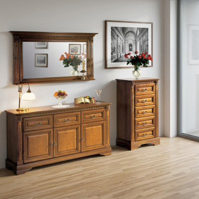 Wardrobe, dresser, mirror, material: wood, classic 3-piece set, brown, country house.