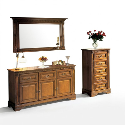Wardrobe, dresser, mirror, material: wood, classic 3-piece set, brown, country house.