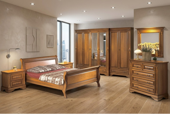 Country-style bed 3-piece set with 2 bedside tables wooden furniture bed set brown