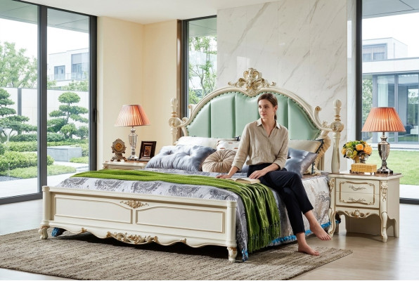 Classic bedroom bed furniture wood leather beds baroque rococo