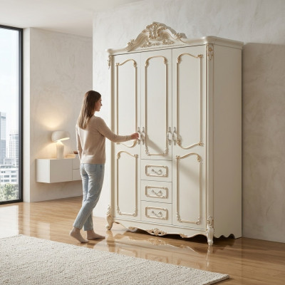 Three-door wardrobe closet white baroque rococo cabinets wood