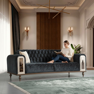 Luxury Three-Seater Sofa 3-Seater Fabric Sofa Design Beige Textile Black