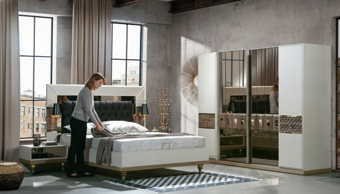 Bedroom set bed 2x bedside tables textile wardrobe modern 4 pieces.