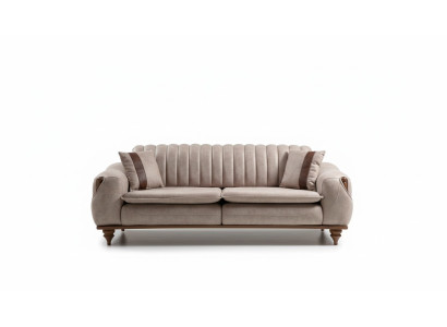 Beige three-seater Chesterfield couch, upholstered furniture, textile sofas, fabric.