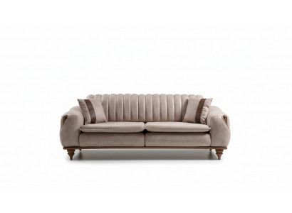 Beige three-seater Chesterfield couch, upholstered furniture, textile sofas, fabric.
