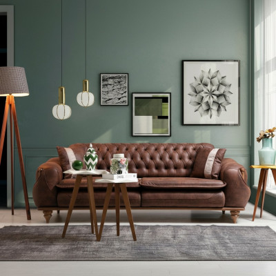 Chesterfield Three-Seater Brown Couch Upholstered Furniture Textile Couches Fabric