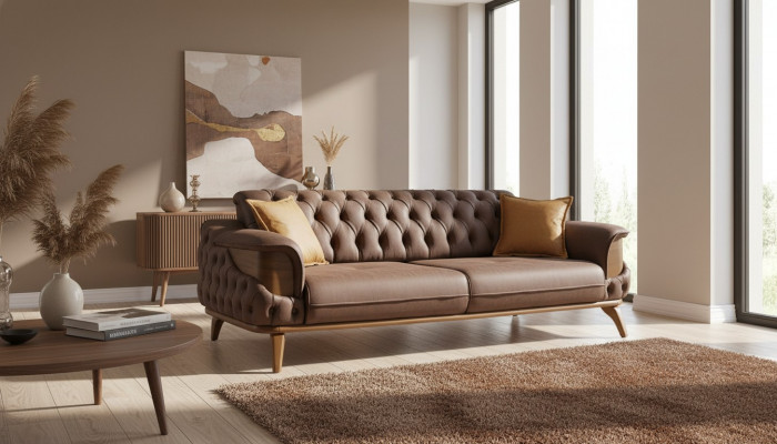 Luxury Three-Seater Chesterfield Couch Furniture Sofas Brown Leather Upholstery New