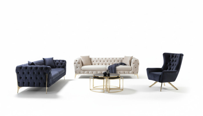 Blue Sofa Set Sofa Luxury Sofas Armchair 3+3+1 Seater Chesterfield Design Velvet