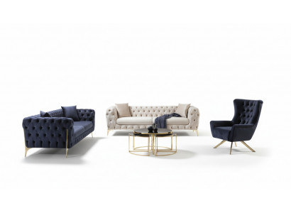 Blue Sofa Set Sofa Luxury Sofas Armchair 3+3+1 Seater Chesterfield Design Velvet