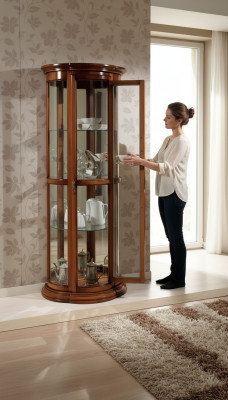 Classic display glass cabinet showcase wood living room luxury brown sideboard