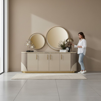 Sideboard 2x Mirror Living Room Design Luxury Furniture Console Lowboard Beige