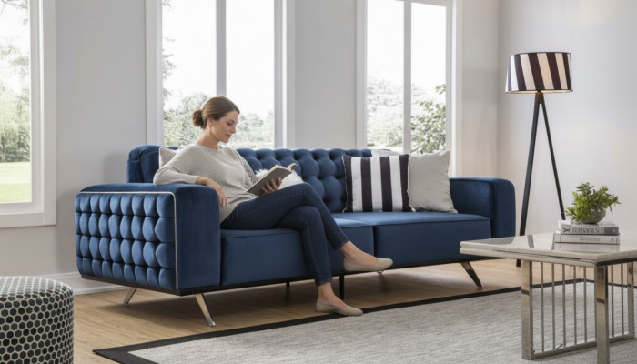 Classic Chesterfield Three-Seater Furniture Sofa Luxury Couches Blue 3-Seater Sofas