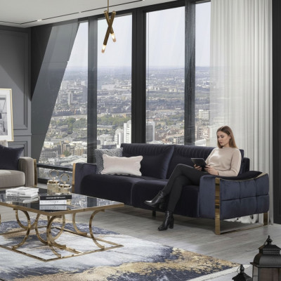 Classic three-seater sofa design living room upholstery wood upholstery modern luxury blue