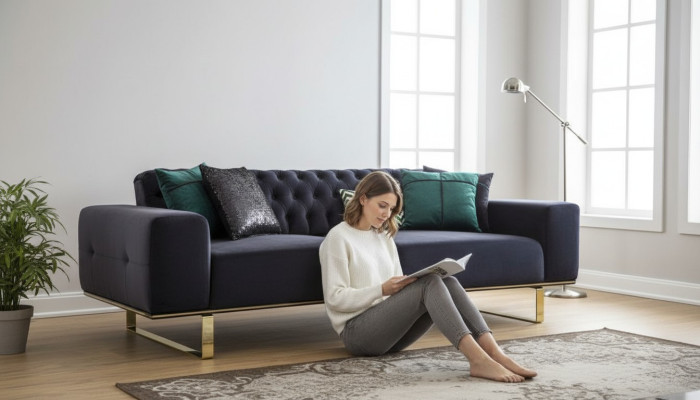 Modern sofa, 4-seat design, living room upholstery, wood upholstery, modern luxury