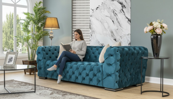 Chesterfield Sofa 4 Seat Design Living Room Upholstery Wood Upholstery Luxury Blue