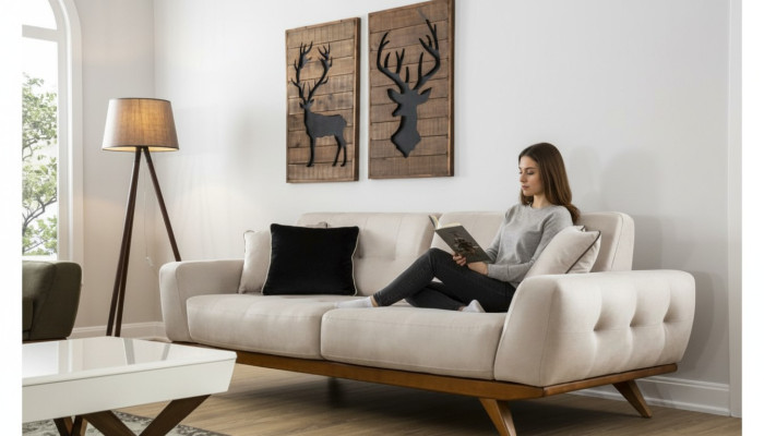 Classic Sofa 2 Seat Design Living Room Upholstery Wood Leather Modern Luxury Beige