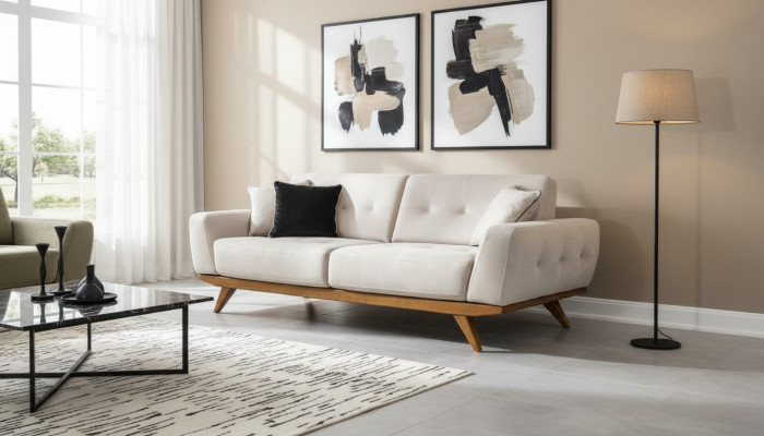 Classic Sofa 2 Seat Design Living Room Upholstery Wood Leather Modern Luxury Beige