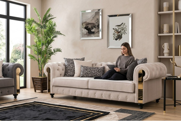 Chesterfield Sofa 3-Seater Design Living Room Upholstery Wood Leather Modern Luxury