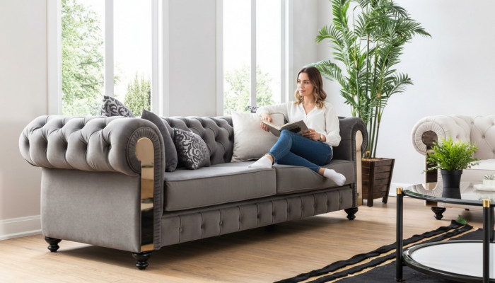 Luxury living room sofa 3-seater gray Chesterfield classic couches