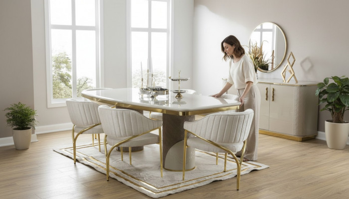 Luxury dining room set table with 6 chairs metal group 7-piece metal
