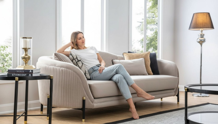 Sofa 3-seater upholstered sofa beige textile seat design couch sofas fabric modern new