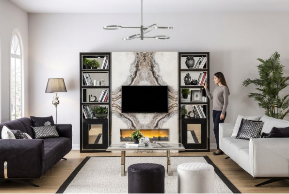 Luxury living room wall unit TV cabinet marble imitation black 270cm