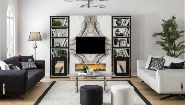 Luxury living room wall unit TV cabinet marble imitation black 270cm