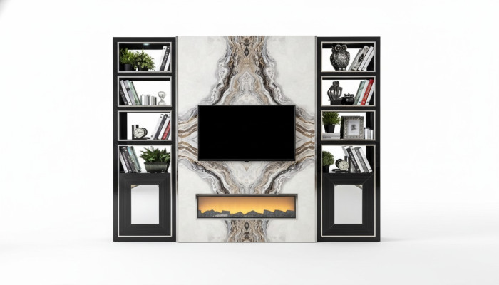 Luxury living room wall unit TV cabinet marble imitation black 270cm