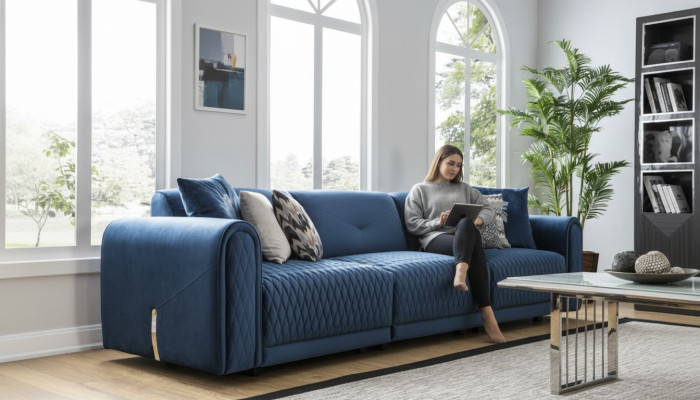 Luxury Sofa 4 Seater Living Room Modern Design Blue Leather Sofas Couches New