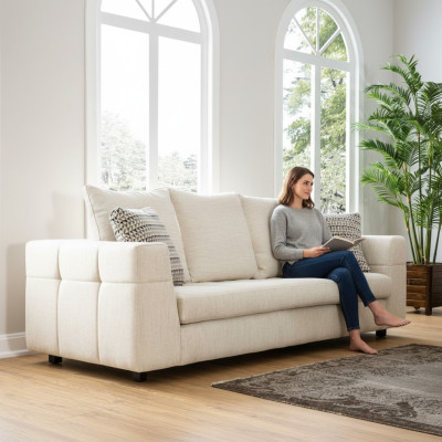 Luxury Modern Sofa 3-Seater Upholstered Sofa White Textile Seat Design Couch Sofas