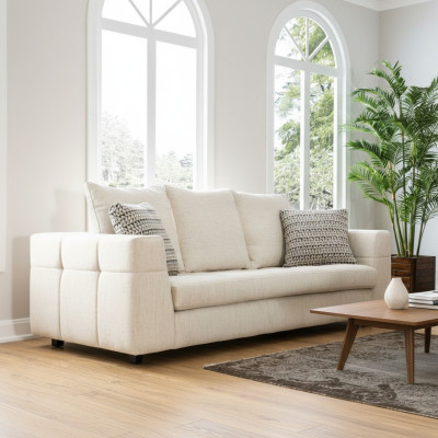 Luxury Modern Sofa 3-Seater Upholstered Sofa White Textile Seat Design Couch Sofas