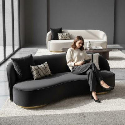 Luxury couches furniture living room four-seater black textile furniture round 4-seater