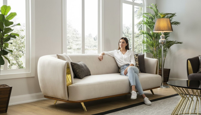 Modern sofa 2-seater upholstered sofa white fabric seating design couch sofas fabric