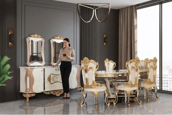 Luxury dining room set 9 pcs. Dining table + 6x chairs + sideboard with mirror white new