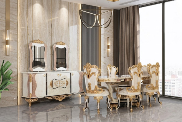 Luxury dining room set 9 pcs. Dining table + 6x chairs + sideboard with mirror white new
