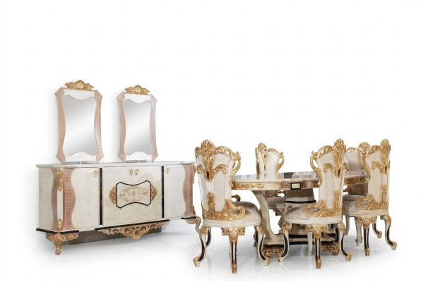 Luxury dining room set 9 pcs. Dining table + 6x chairs + sideboard with mirror white new