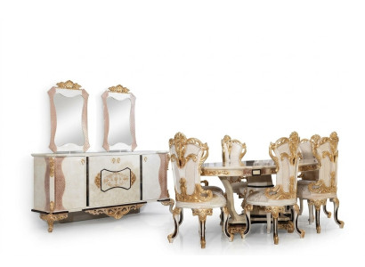 Luxury dining room set 9 pcs. Dining table + 6x chairs + sideboard with mirror white new