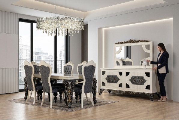 Luxury Dining Room Set Group 6 Chairs Dining Table Sideboard 9-piece Dining Room Set