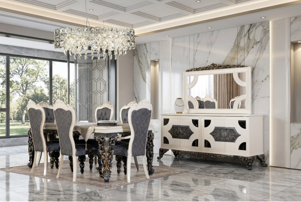 Luxury Dining Room Set Group 6 Chairs Dining Table Sideboard 9-piece Dining Room Set