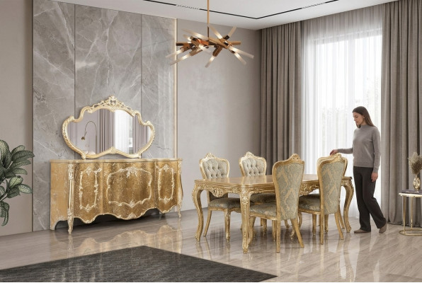 Dining room dining table 6x chairs table luxury tables classic dining group set 7-piece.
