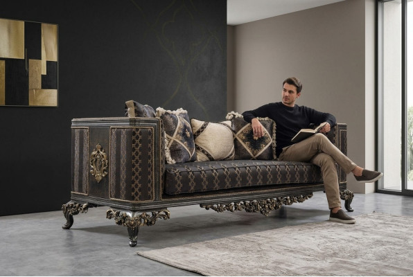Baroque Rococo 3-Seater Designer Sofa Couch Upholstered Sofas Couches Fabric Textile New