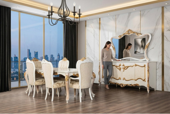 Complete set dining table + 6 chairs dining room dining group wood sideboard + mirror 9-piece set