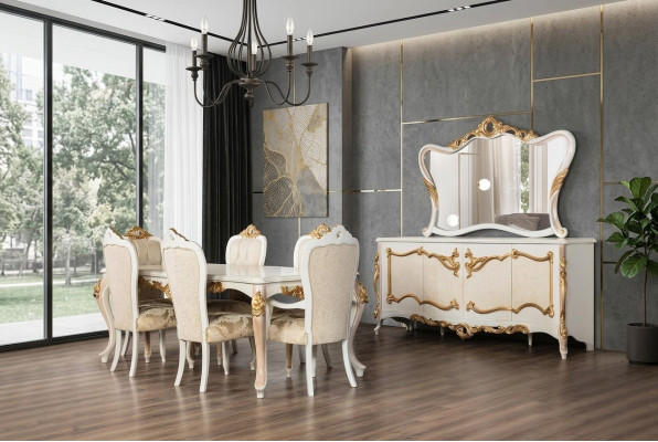 Complete set dining table + 6 chairs dining room dining group wood sideboard + mirror 9-piece set